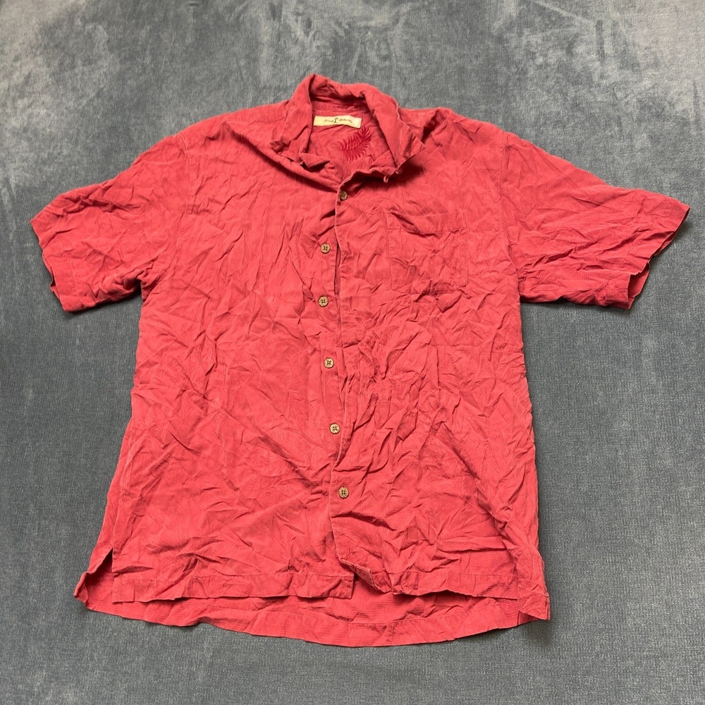 Tommy Bahama Shirt Men Large Red Palm Leaf Silk Side Slit Short Sleeve Button Up